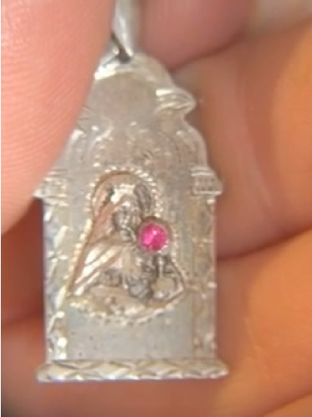 Sterling Religious Pendant Necklace with Pink Accent Stone